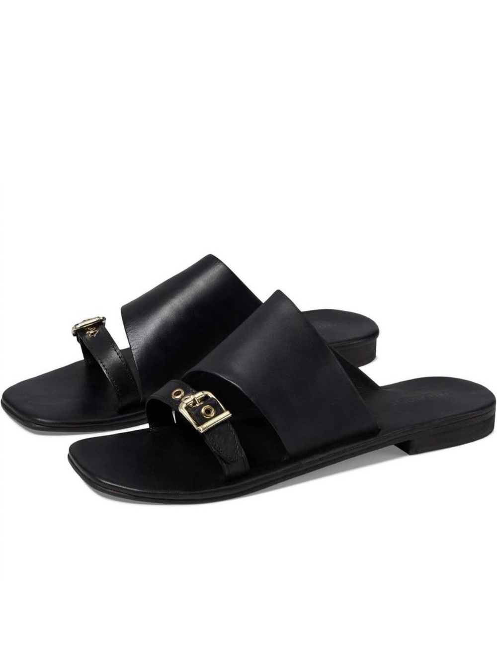 Free People Mila Minimal FlatBlack Leather Slide Sandals with Gold Buckle Detail